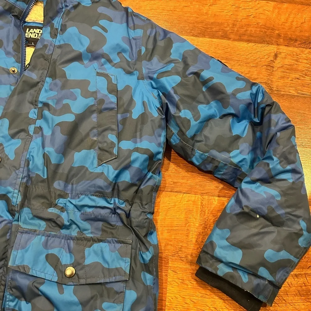 Lands End Kids Expedition Down Winter Parka Jacket Blue Camouflage Large 14/16